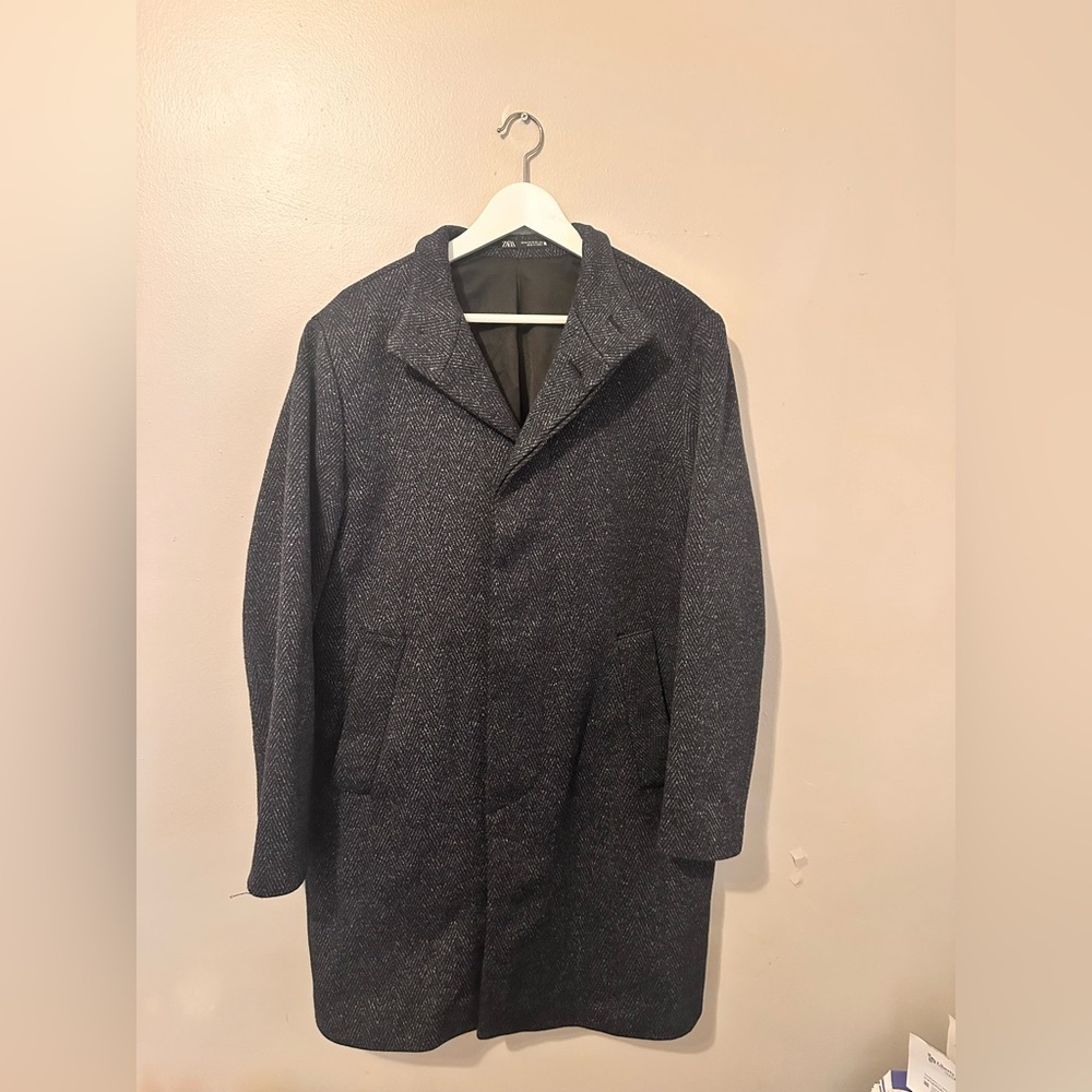 ZARA Men's Funnel Neck Top Pea Long Coat Navy Blue Tweed Knit Overcoat Medium